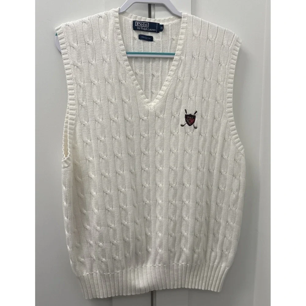 Polo Ralph Lauren Sweater Vest Mens XL White Cable Knit Golf V Neck Crest